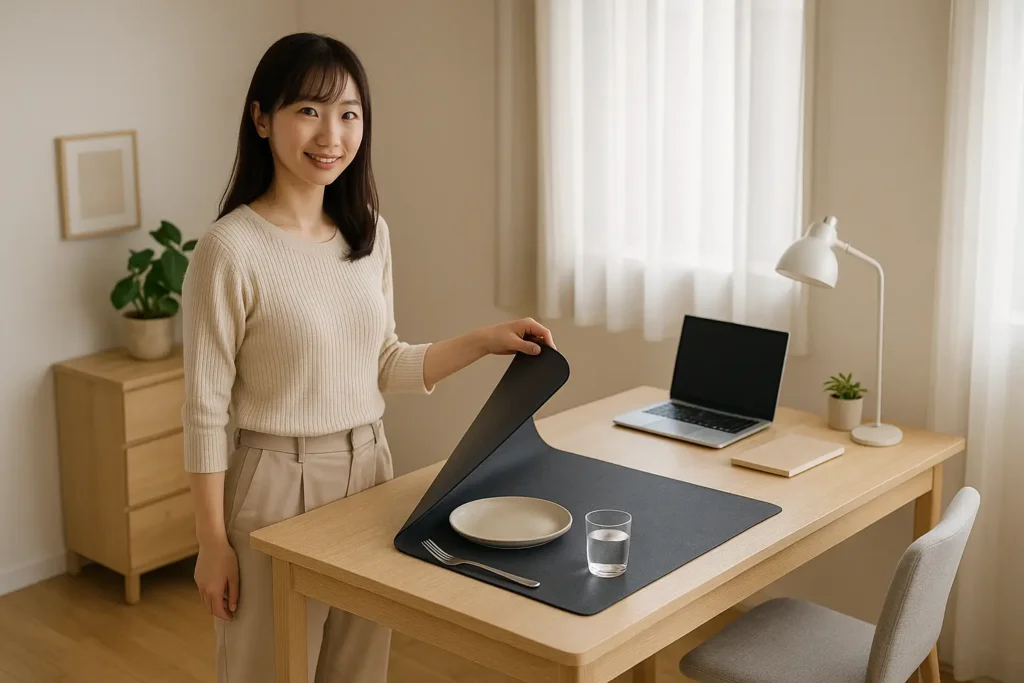 テーブルで食事と作業をする女性