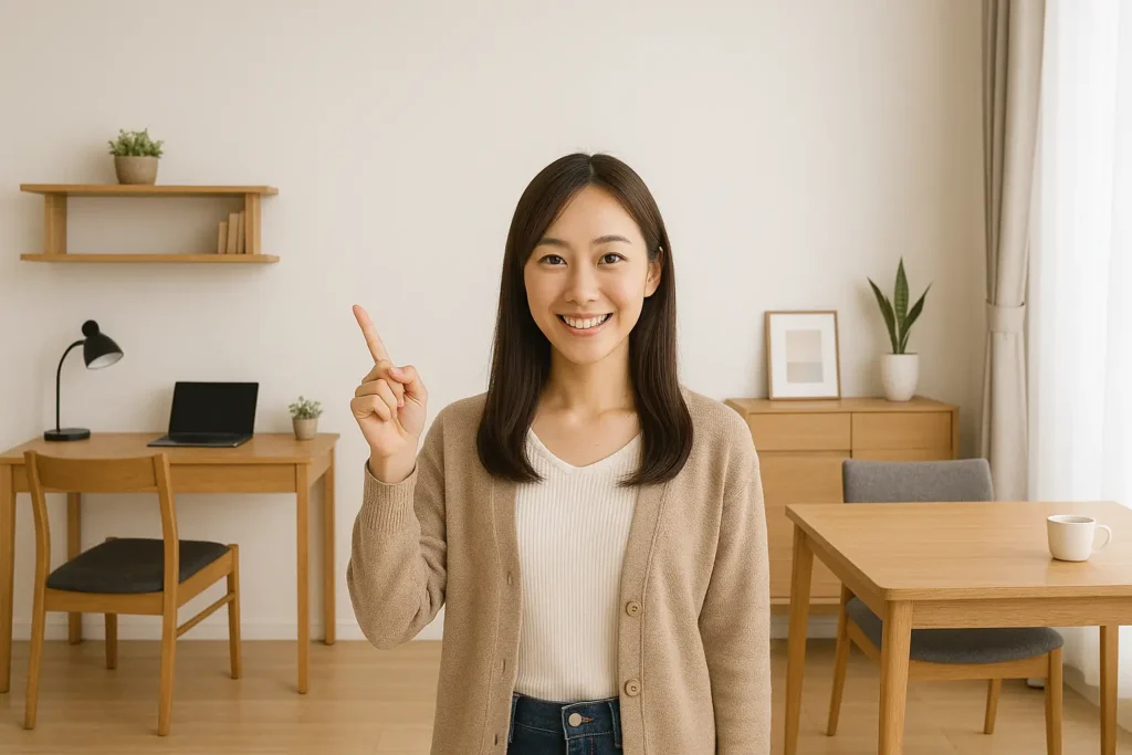 デスクとテーブルの前で指を刺している女性