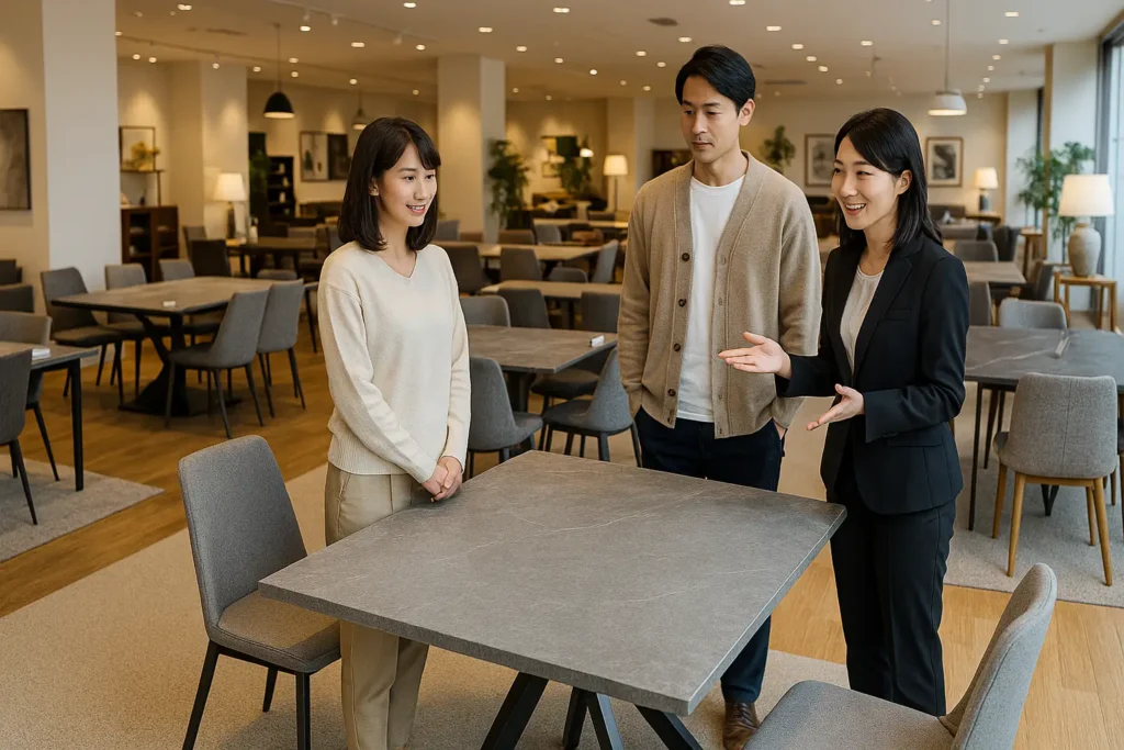 店舗でセラミックテーブルを選ぶ夫婦