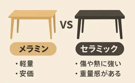 メラミンとセラミックテーブルの違いと選び方