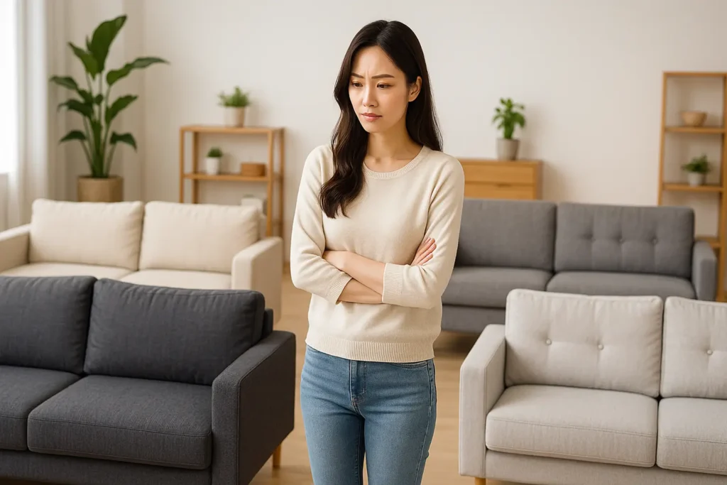 複数のソファ前で悩んでいる女性
